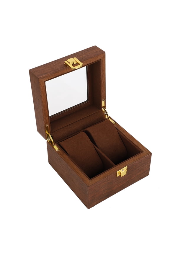 Premium Wood Watch Box Organizer and Display Case, Elegant 2 Slot Clamshell Wooden Watch Storage Box with Square Buckle Lock, Black Walnut Finish (4.7 x 4.7 x 3.1 Inches / 12 x 12 x 8 cm)
