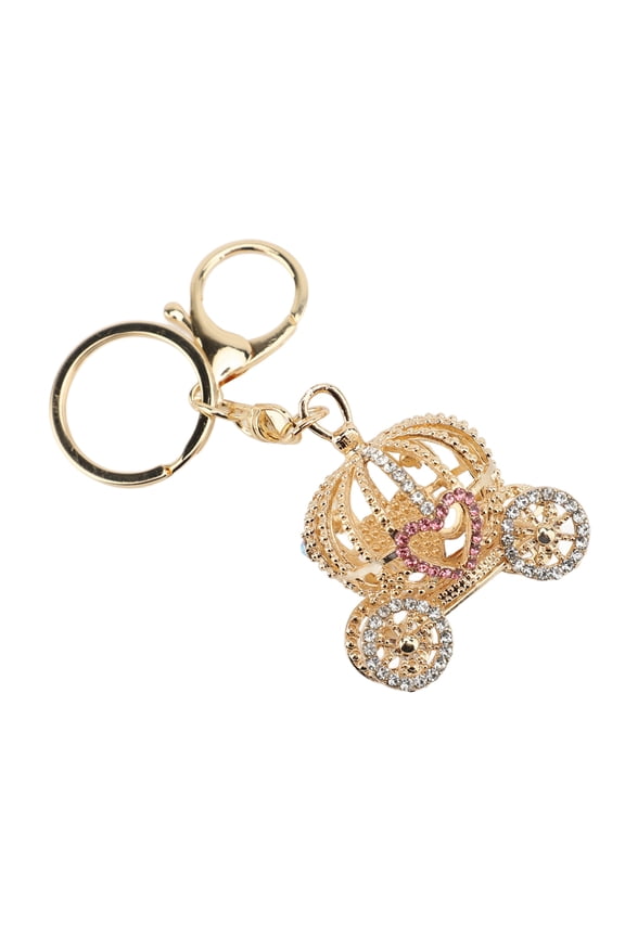 Pumpkin Carriage Keychain Heart Shaped Decor Sparkle Rhinestones Princess Keyring, Pink (4.5 in / 11.5 cm)