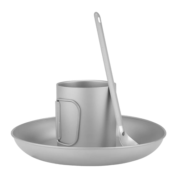 NFTIGB Pure Titanium Camping Mess Kit Utensils Set 3 PCS Ultra-Light Portable 450ml Mug 800ml Dinner Plate Spork for One Person Outdoor Backpacking (8.66 inches / 22 cm Pack)