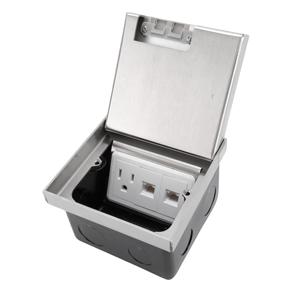 NFTIGB Recessed Floor Electrical Outlet Kit, Flat Concealed Receptacle Outlet Water Proof Cover Box with 1pc 3 Prong and 2pcs Network Ports, Silver Finish for Tile Marble Carpet (12x12x8 inches)
