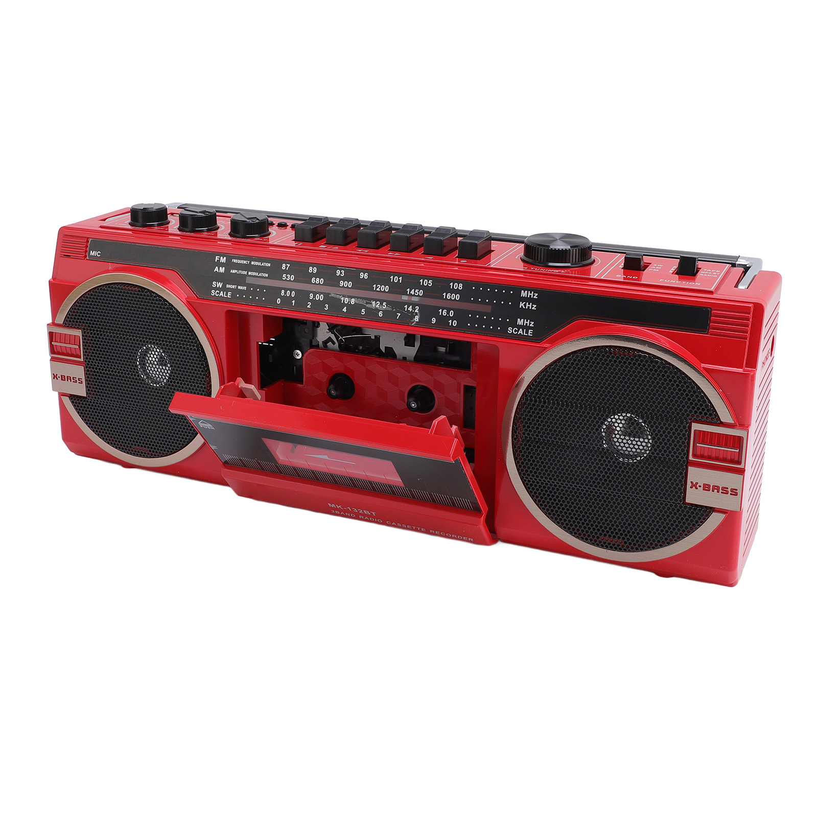 NFTIGB Boombox retro de casete con grabadora, radio AM/FM/SW, altavoz Bluetooth, operado con batería o CA, ranura USB/SD, rojo, enchufe US.