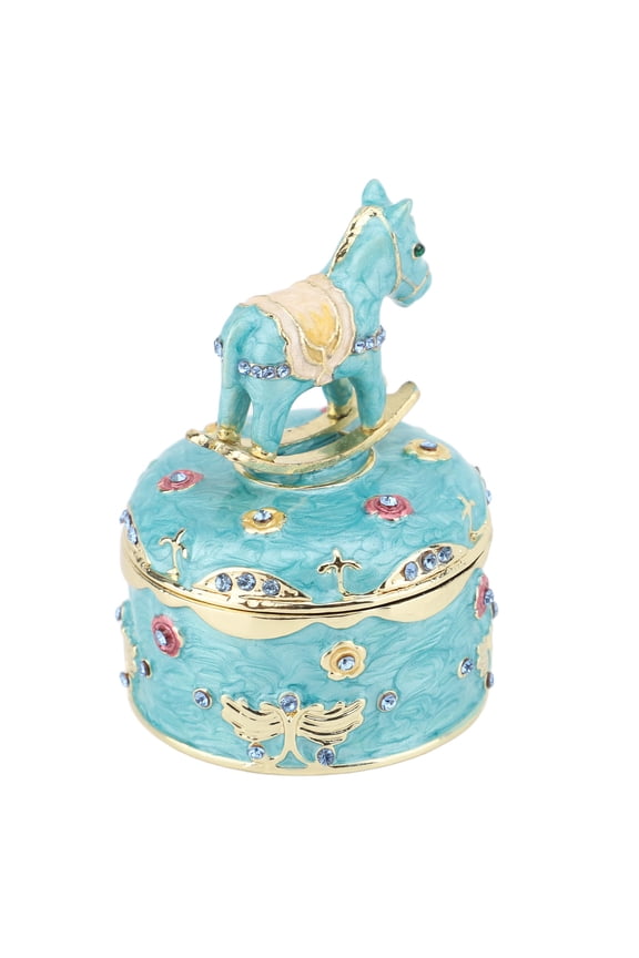 Round Pony Pattern Enameled Jewelry Box Decorative Vintage Metal Trinket Box Keepsake Organizer For Desktop Bedroom Vanity Table Peacock Blue Exquisite Craftsmanship Gift