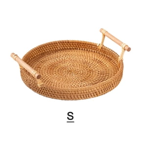 NFTIGB Round Rattan Bread Basket Woven Serving Tray with Wooden Handles for Cracker Dinner Parties Coffee Breakfast Handcrafted Rustic Display Bowl Small Size 8.66 inches / 22 cm Diameter Home Decor
