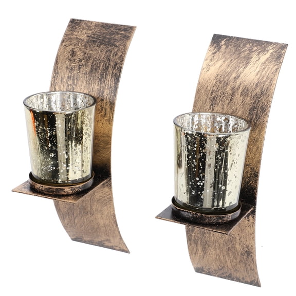 NFTIGB Rustic Metal Wall Tealight Candle Holder Sconces with Glass Cups, Brushed Gold Bronze Decorative Iron Wall Mount Sconces for Hallway Entryway Living Room Bedroom, Set of 2 (8 inches / 20.3 cm)