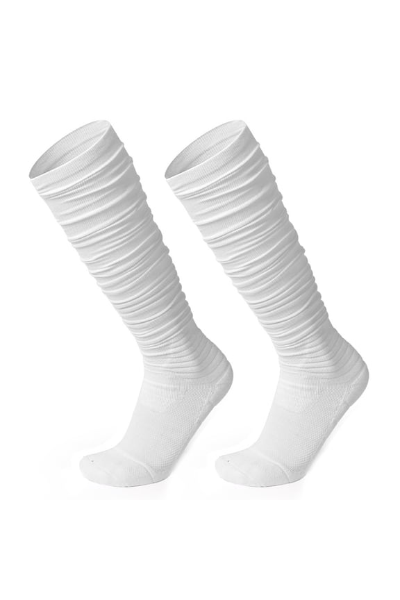 Scrunch Football Socks Ultra Long Cotton Knee High Socks Padded Rugby Socks (White, L/XL 16.7-18.5 inches / 43-47 cm)