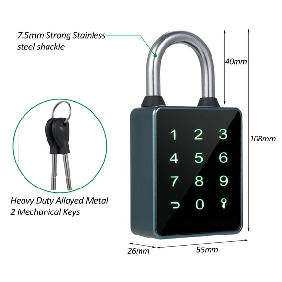 NFTIGB Smart Padlock BT Keypad Entry Front Door Security Device Combination Passcode Water Resistant APP Enabled for Home Gate Gym Outdoor Locker, Gray (5.51 in / 14.0 cm)