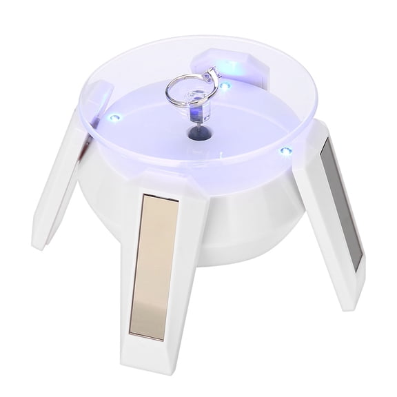 NFTIGB Solar Powered 360 Degree Rotating Jewelry Display Stand with 4 LED Lights, 3.54 in / 9 cm Turntable for Watch Phone, Eco-friendly Showcase Base, White