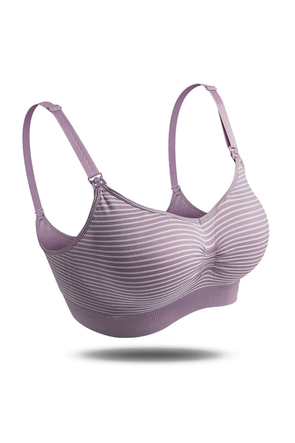 Stripe Pattern Wireless Nursing Bra Anti Sagging Pregnant Women Underwear (Purple L, 12.2 inches / 31 cm)