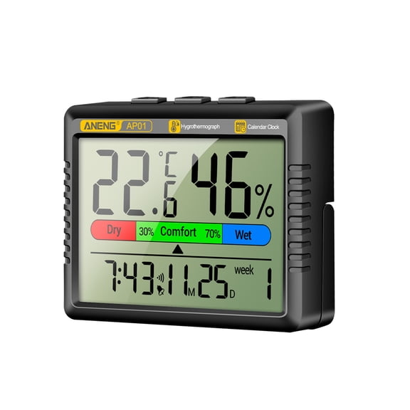 NFTIGB Thermometer Hygrometer Multifunctional Temperature Humidity Meter Alarm Clock Calendar Comfort Reminder 3.45 inches / 8.7 cm Black Battery Powered Edition