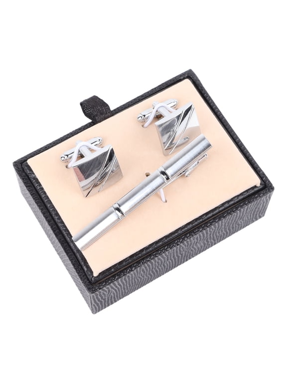 Tie Clips and Cufflinks Durable Exquisite Classic Set for Men, Copper Material, Silver Tone, 3.54 inches / 9 cm