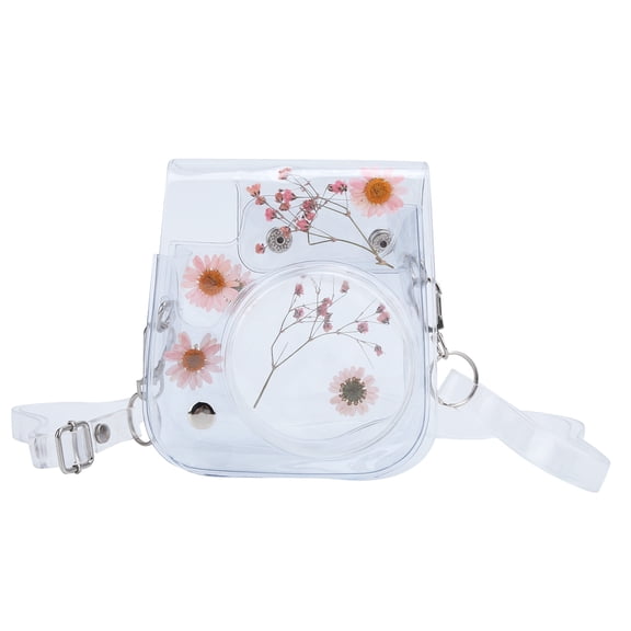 NFTIGB Transparent Camera Case PVC Storage Bag with Adjustable Shoulder Strap for Instax Mini 11, 9, 8 Pink Floral Design Crossbody Pouch