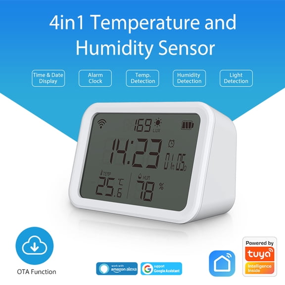 NFTIGB Tuya WiFi Temperature Humidity Light Detection Alarm Clock 4 In 1 Intelligent Sensors Home Desk Bedroom