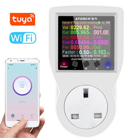 NFTIGB Tuya Wifi Intelligent Power Socket Electricity Power Monitor Multi-energy Monitoring Meter 2.4 inch / 6 cm LCD Color Screen Mobilephone APP Remote Controlling Device UK Plug 110-240V