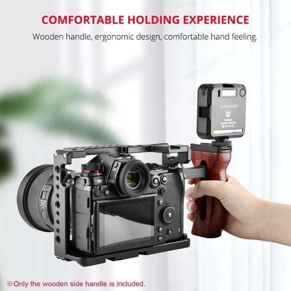 NFTIGB Universal Camera Cage Wooden Handle Left or Right Side Hand Grip with Cold Shoe Mount 1/4 and 3/8 Inch Screw Holes Lightweight Video Photography Rig Accessory
