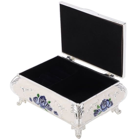 NFTIGB Vintage Jewelry Box Keepsake Treasure Trinket Organizer with Floral Rose Embossed Design, Zinc Alloy & Soft Velvet Interior, Silver White and Blue Roses (3.74 inches / 9.5 cm)
