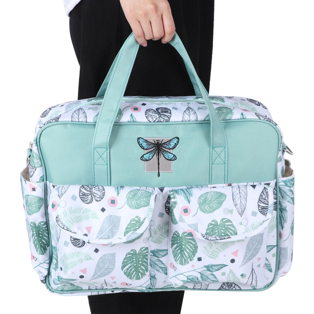 NFTIGB Waterproof Nylon Diaper Bag Messenger Tote for Baby Boys & Girls, Large Capacity Travel Mummy Bag with Fresh Green Leaves Print, 15.75 inches / 40 cm, Green