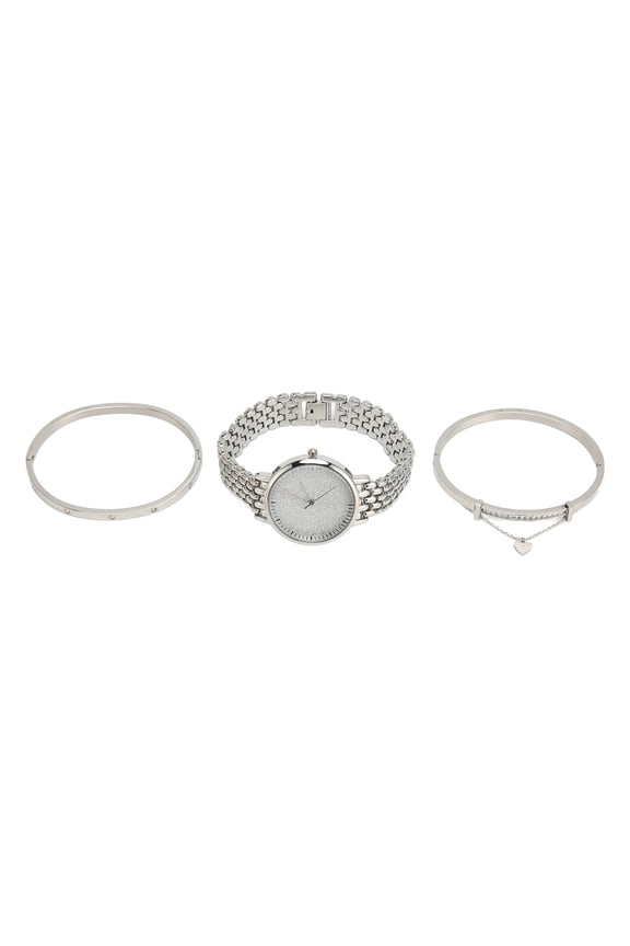 Women's 3-Piece Silvertone Watch & Rhinestone Bracelet Set, Elegant Waterproof Analog Wristwatch Jewelry Gift Set (10 inches / 25.4 cm), Accurate Quartz Timekeeping