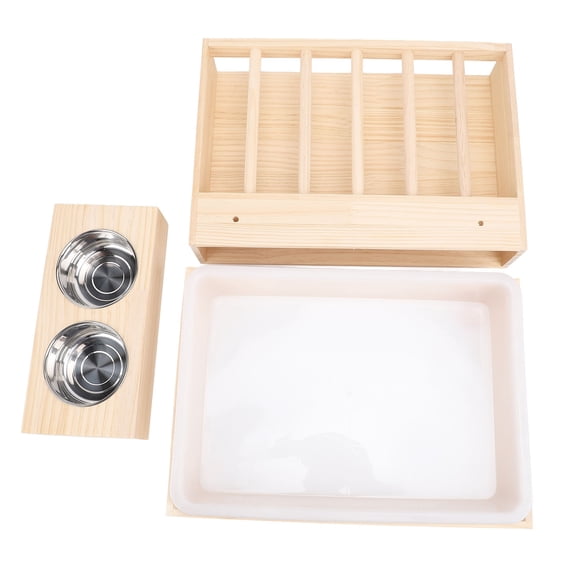 NFTIGB Wooden Rabbit Hay Feeder with Litter Box and 2 Stainless Steel Bowls, Mess Proof Bunny Feeding Manger for Chinchillas, Hamsters, and Small Animals (15.75 in / 40 cm)