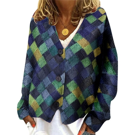 NFTOEIULA Women Argyle Check V Neck Button Up Long Sleeve Knit Cardigan Sweater