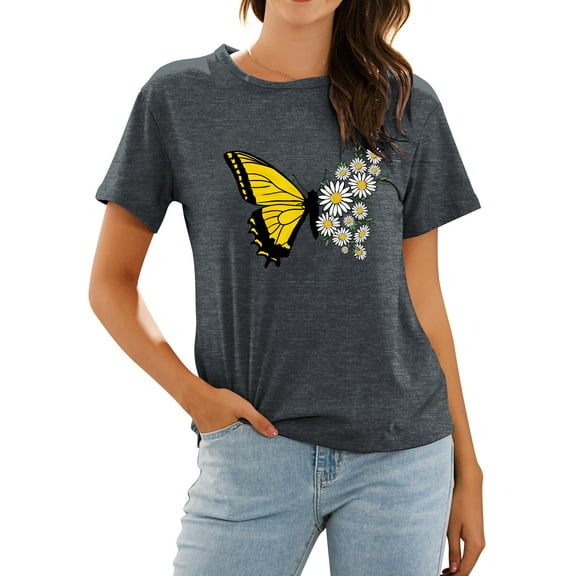 NFTOEIULA Women Butterfly Daisy Graphic Crew Neck Short Sleeve T-Shirt
