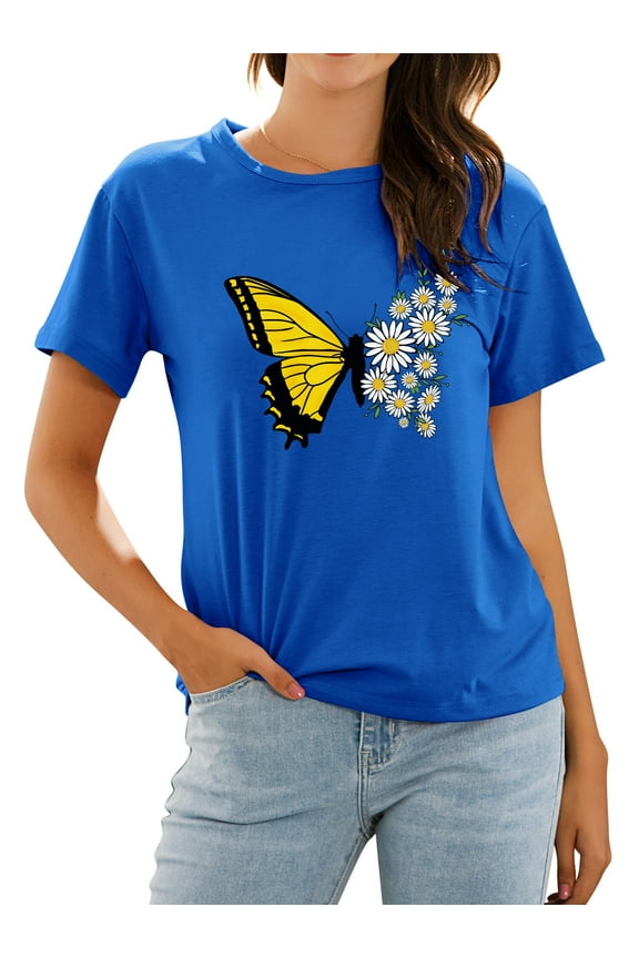 Women Butterfly Daisy Graphic Crew Neck Short Sleeve T-Shirt