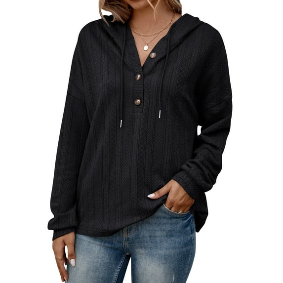 NFTOEIULA Women Button V Neck Long Sleeve Drawstring Jacquard Hood Sweatshirt