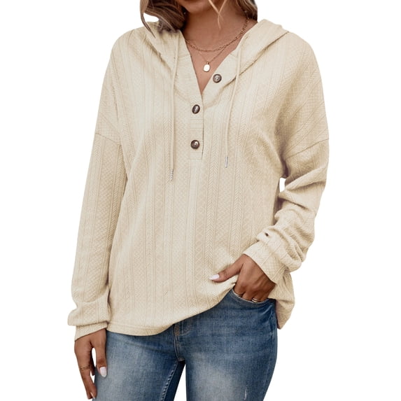 NFTOEIULA Women Button V Neck Long Sleeve Drawstring Jacquard Hood Sweatshirt