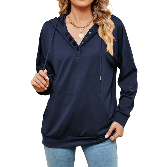 NFTOEIULA Women Button V Neck Long Sleeve Kangaroo Pockets Drawstring Hoodie