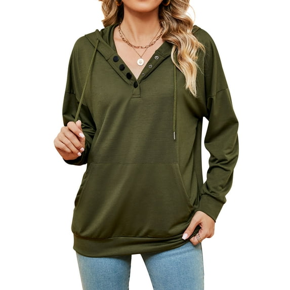 NFTOEIULA Women Button V Neck Long Sleeve Kangaroo Pockets Drawstring Hoodie