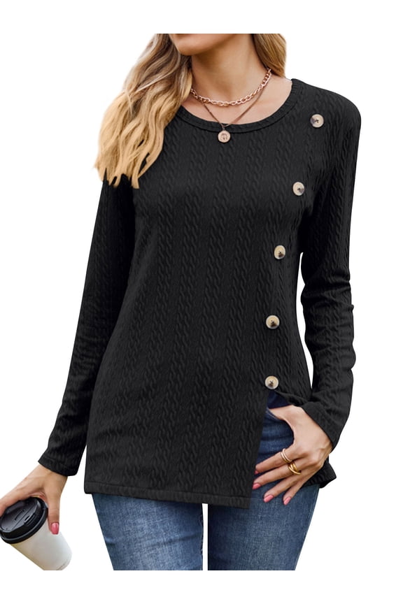 Women Crew Neck Long Sleeve Buttons Side Split Hem Textured Top