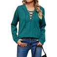 thumbnail image 1 of NFTOEIULA Women Criss Cross Lace Up V Neck Long Sleeve Drawstring Hoodie, 1 of 7