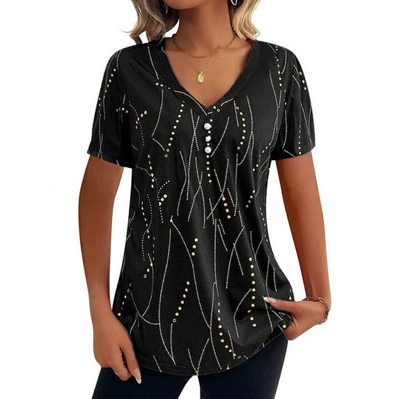 NFTOEIULA Women Dots Print V Neck Buttons Decorative Short Sleeve T-Shirt