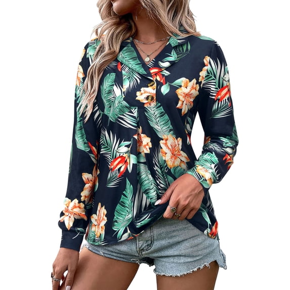 NFTOEIULA Women Floral Print Lapel Collar Buttons Long Sleeve Bohemian Shirt