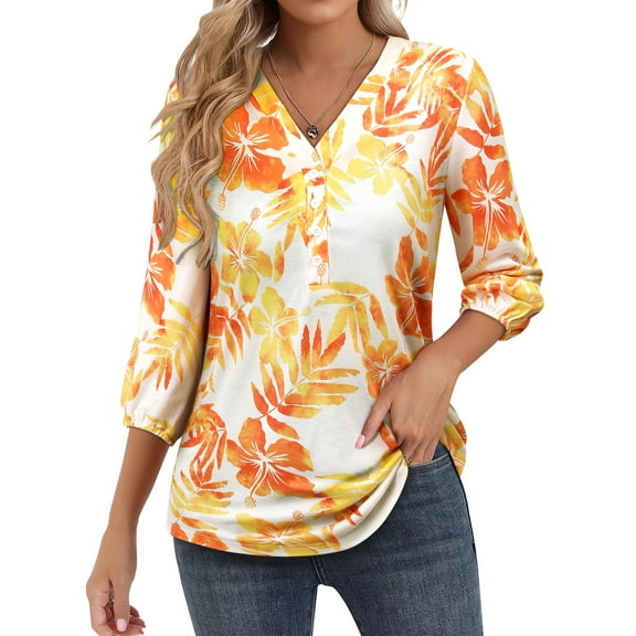 Nlife Women Floral Blouse for Women Hawaiian 3/4 Sleeve Top Tropical V-Neck Casual Shirt with Button Details