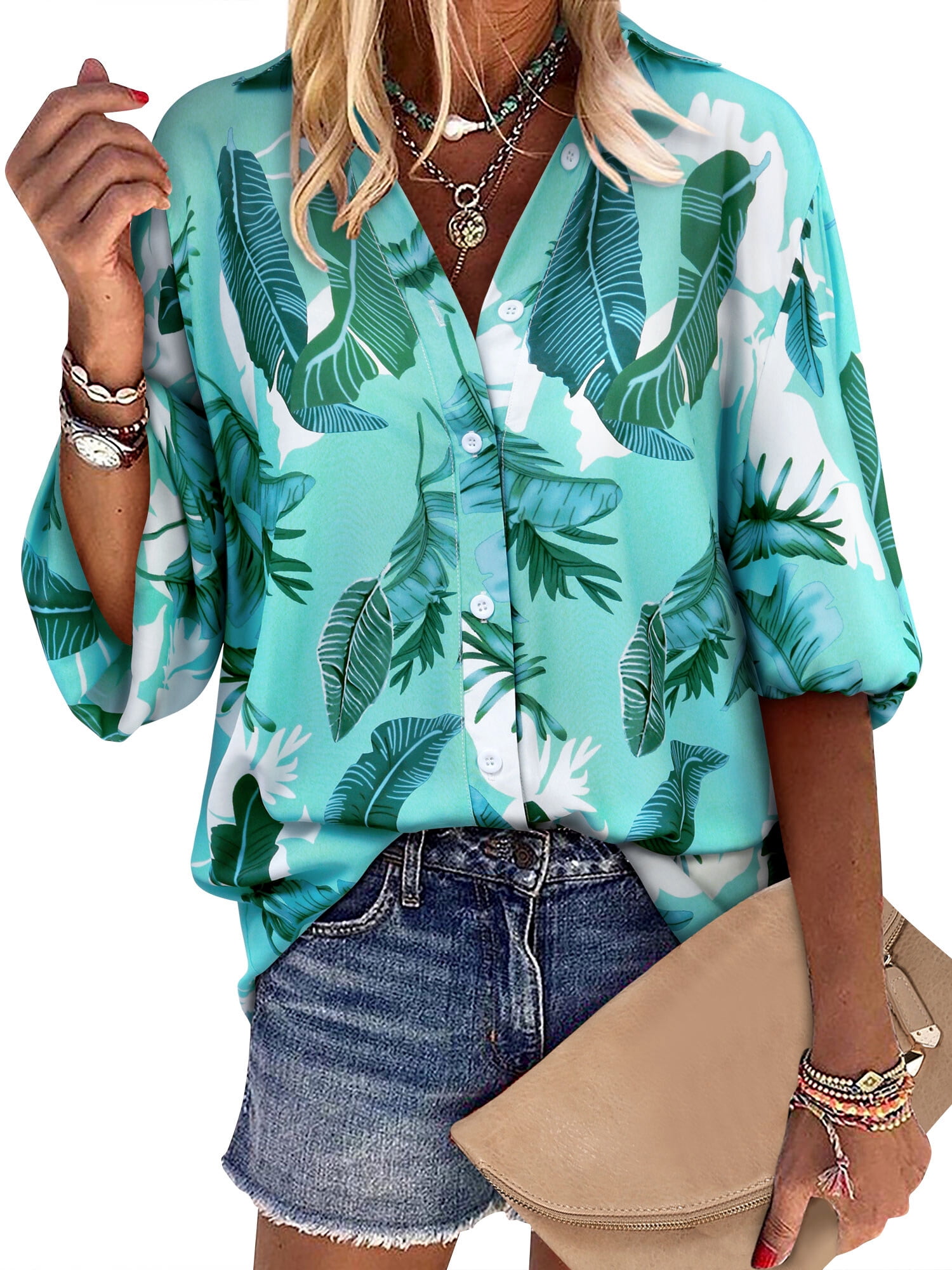 Women's Floral 3/4 Sleeve Blouse - Smocked Cuff Casual Work Top, Lightweight & Wrinkle-Free