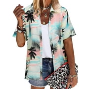 NFTOEIULA Women Hawaiian Floral Print Oversized Short Sleeve Shirt T-shirt