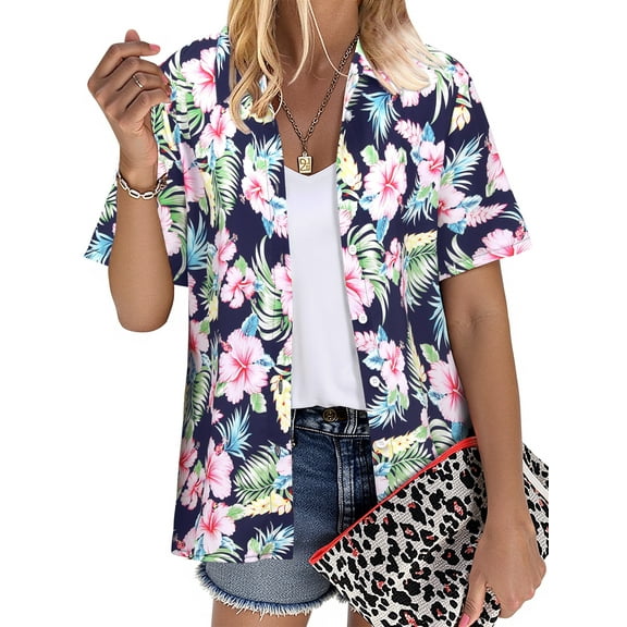 NFTOEIULA Women Hawaiian Floral Print Oversized Short Sleeve Shirt T-shirt