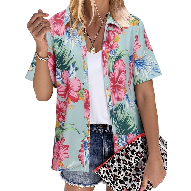 NFTOEIULA Women Hawaiian Floral Print Oversized Short Sleeve Shirt T ...