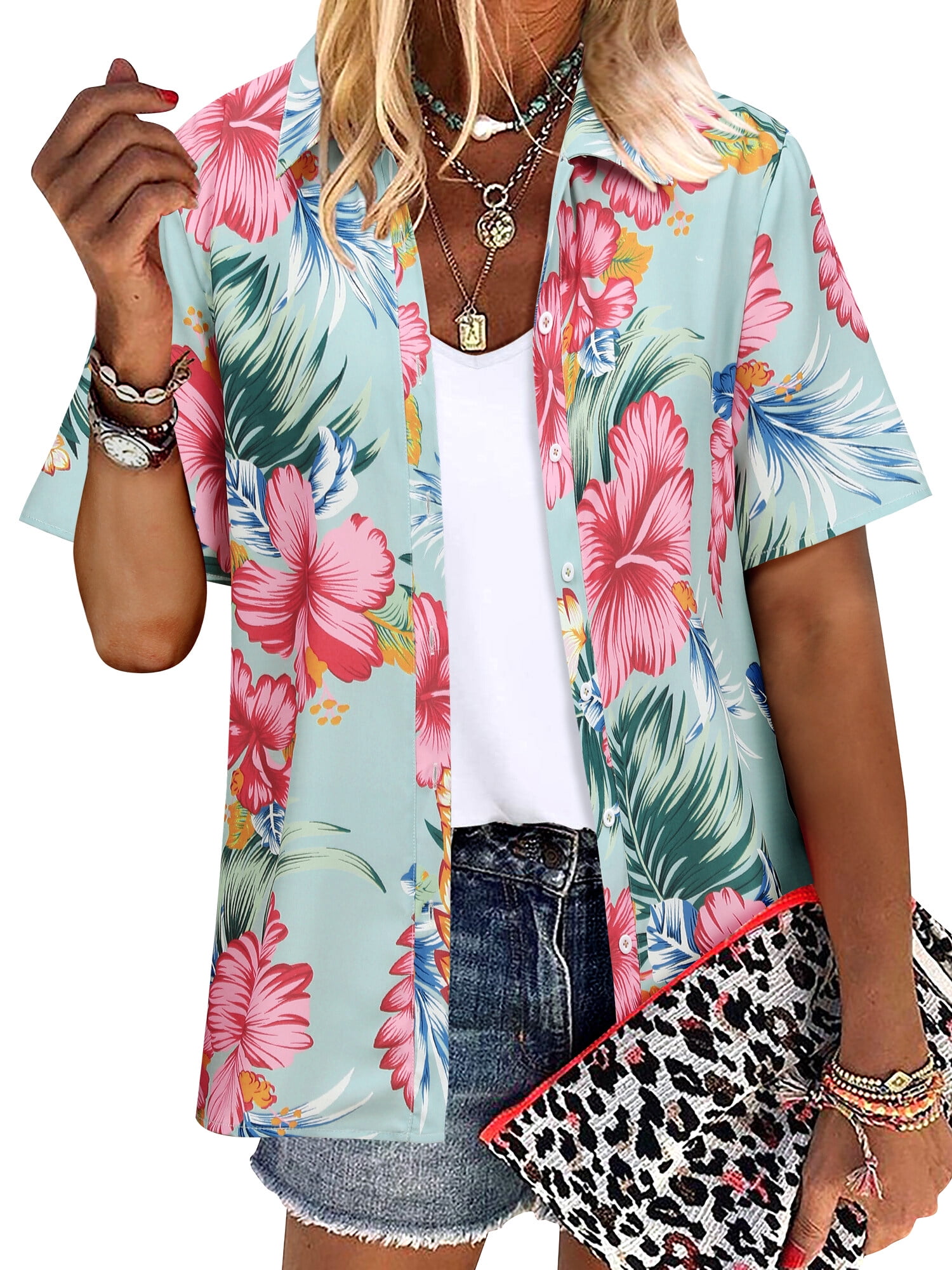 NFTOEIULA Women Hawaiian Floral Print Oversized Short Sleeve Shirt T ...
