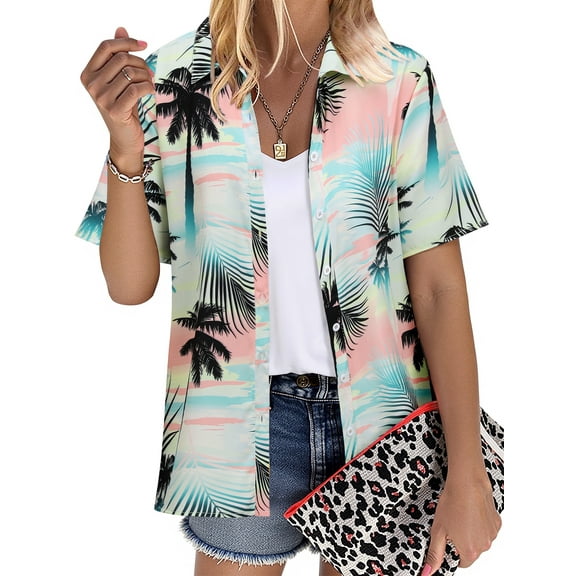 NFTOEIULA Women Hawaiian Floral Print Oversized Short Sleeve Shirt T-shirt