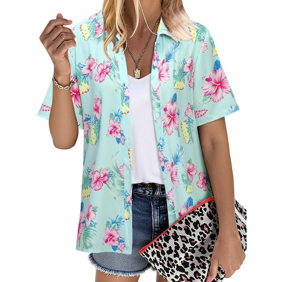 NFTOEIULA Women Hawaiian Floral Print Oversized Short Sleeve Shirt T-shirt