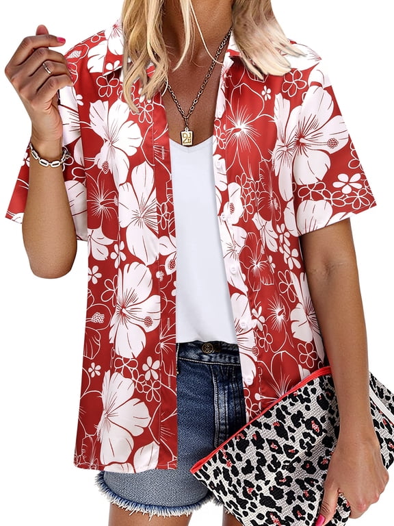 Women Hawaiian Floral Print Oversized Short Sleeve Shirt T-shirt