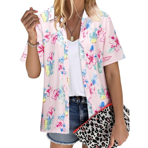NFTOEIULA Women Hawaiian Floral Print Oversized Short Sleeve Shirt T-shirt