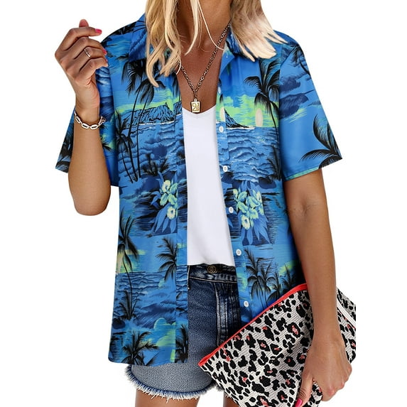NFTOEIULA Women Hawaiian Floral Print Oversized Short Sleeve Shirt T-shirt