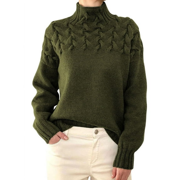 NFTOEIULA Women High Neck Long Sleeve Ribbed Edge Cable Knit Sweater
