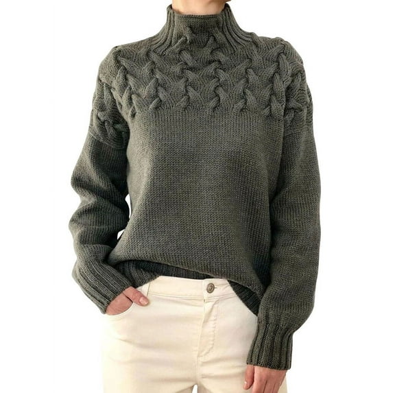 NFTOEIULA Women High Neck Long Sleeve Ribbed Edge Cable Knit Sweater