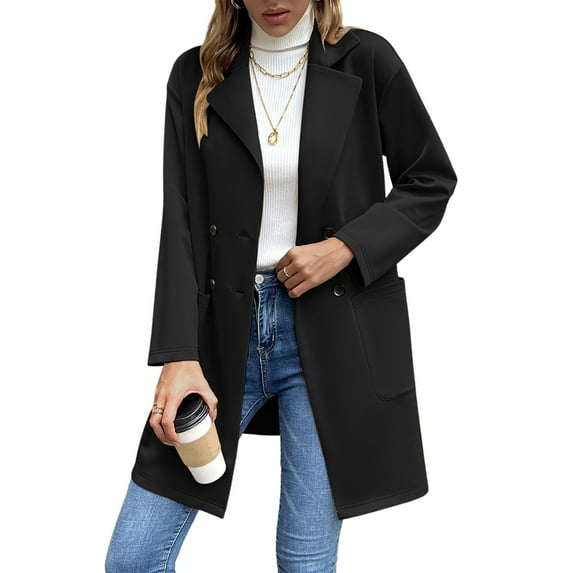 NFTOEIULA Women Lapel Collar Double Breasted Mid-length Cardigan With Pockets