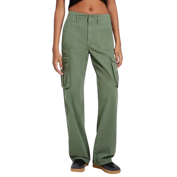 NFTOEIULA Women Mid Waist Multiple Pockets Straight Wide Leg Cargo Pants
