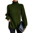 thumbnail image 1 of NFTOEIULA Women Turtleneck Long Sleeve Slit Hem Chunky Knit Sweater, 1 of 5