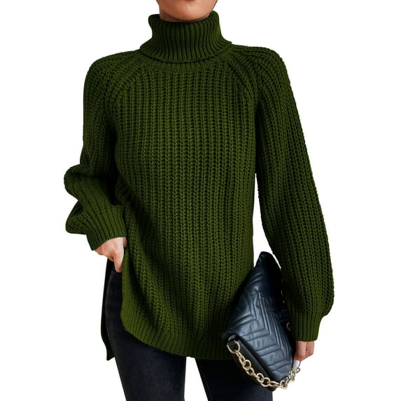 NFTOEIULA Women Turtleneck Long Sleeve Slit Hem Chunky Knit Sweater